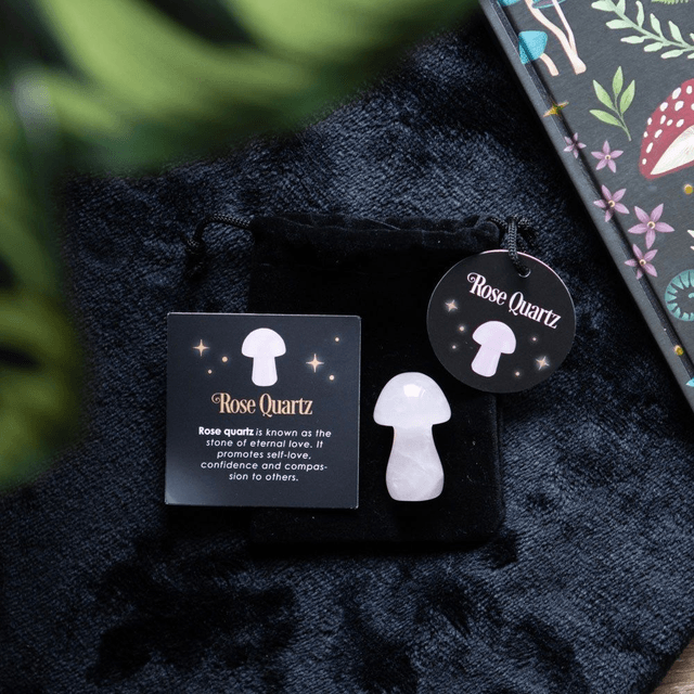 Champignon magique en cristal de quartz rose avec sac