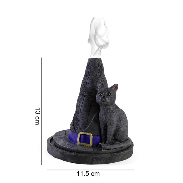 Porte-cône d'encens en forme de chapeau de sorcière avec chat