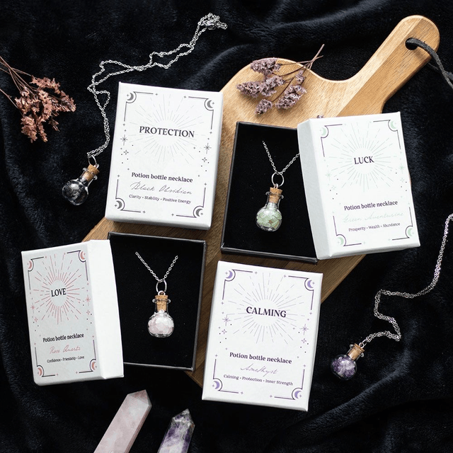 Collier bouteille de potion en cristal d'améthyste apaisant.
