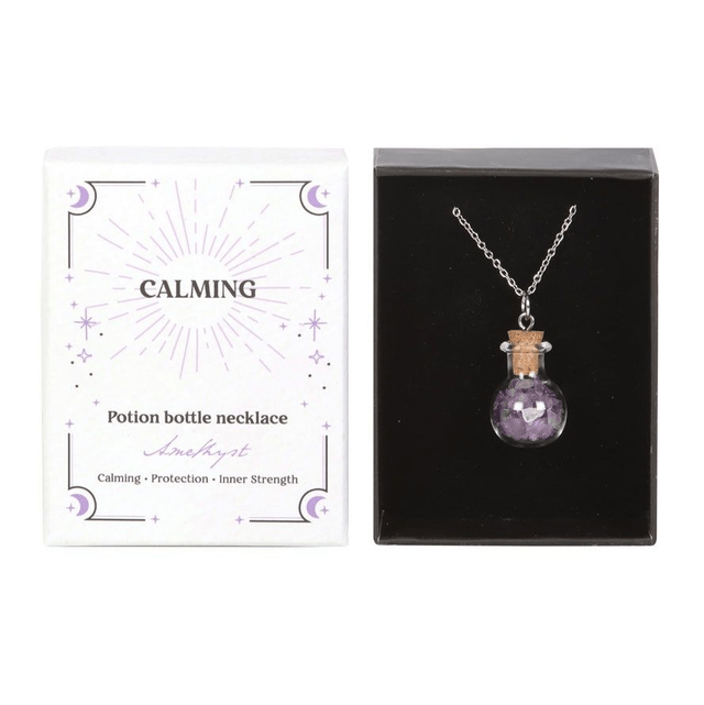 Collier bouteille de potion en cristal d'améthyste apaisant.