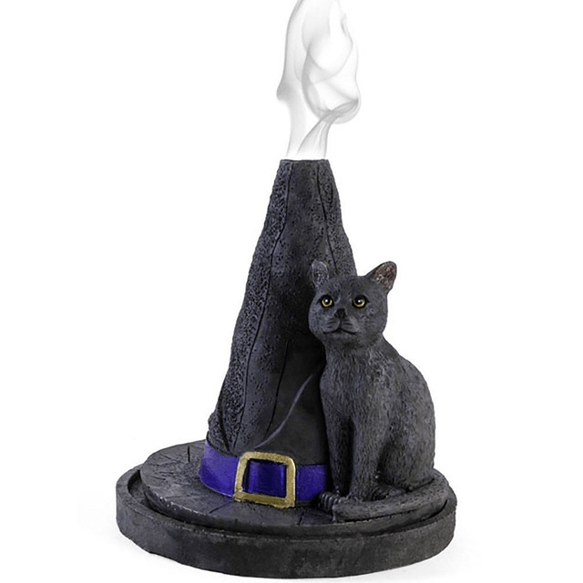 Porte-cône d'encens en forme de chapeau de sorcière avec chat