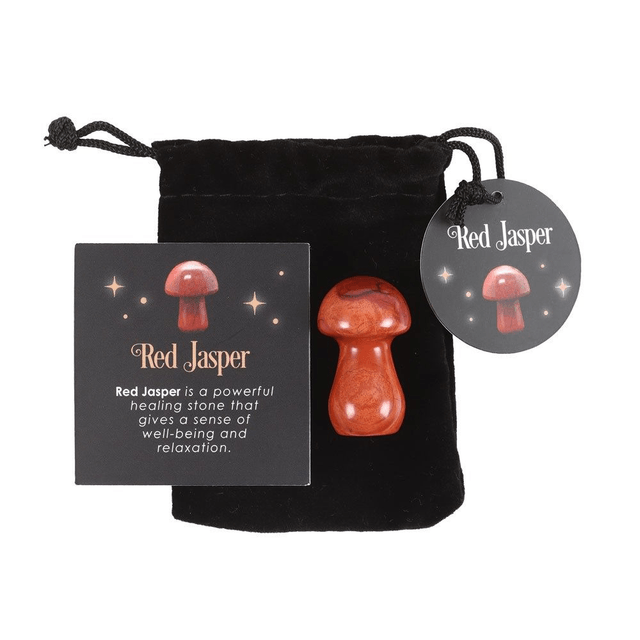 Champignon magique en cristal de jaspe rouge avec bourse
