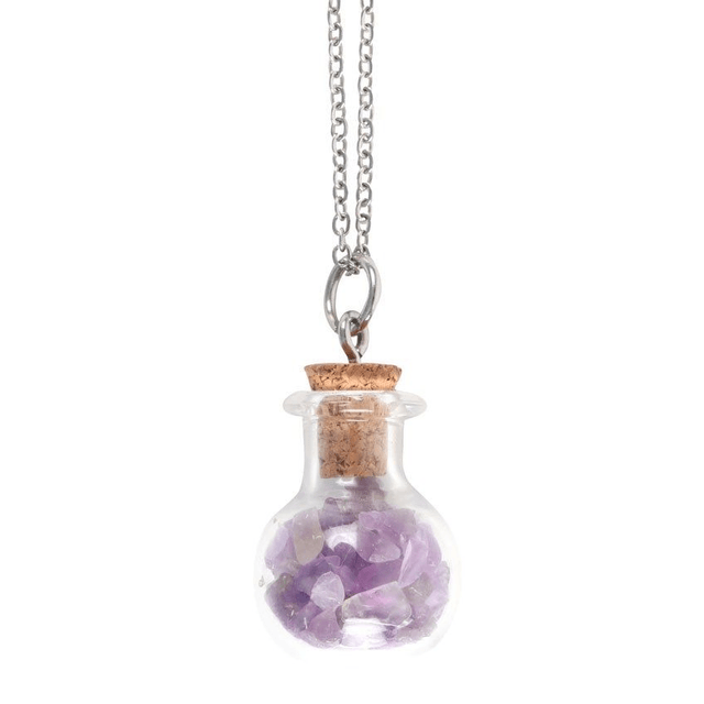 Collier bouteille de potion en cristal d'améthyste apaisant.