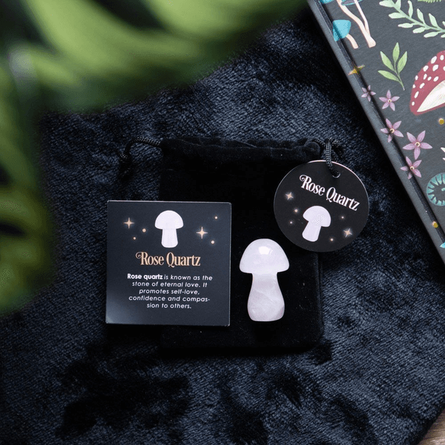 Champignon magique en cristal de quartz rose avec sac