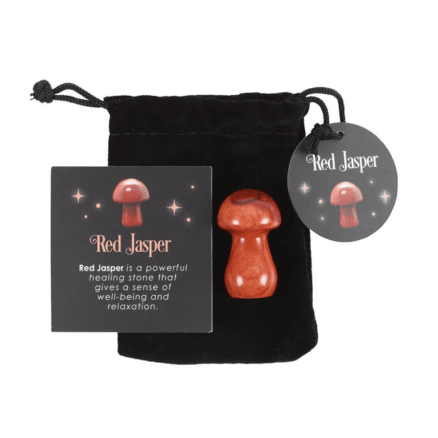 Champignon magique en cristal de jaspe rouge avec bourse